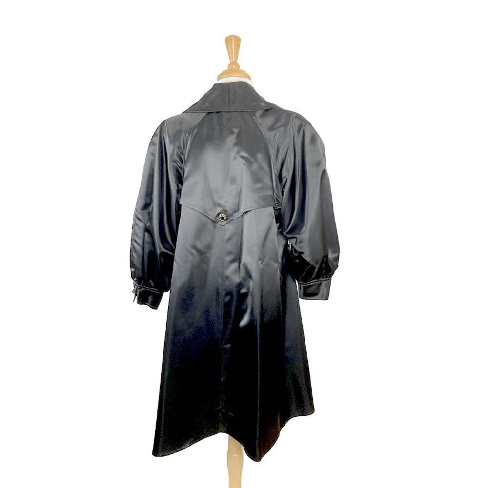 A.J. Bari S Black Satin Trench Coat 1 FLAW Deadstock 80s Puffed Sleeves Evening - Picture 7 of 12